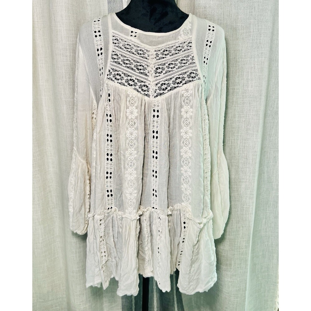 Free People Kiss Kiss Tunic M Ivory Lace Embroiderd Whimsical Boho Fairy - Flaw